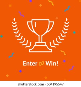 Vector cup. Thin line victory bowl. Trophy super bowl icon. White super cup isolated on orange background. Triumph prize. ?onquest with wreath icon. Reward sign symbol. First place award. Promotion.