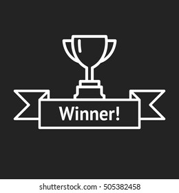 Vector cup. Thin line winner cup. Trophy cup icon. White Cup isolated on black background. Winner cup. Victory cup icon. Trophy cup symbol. First place cup. Minimalistic hipster cup. Winner. 