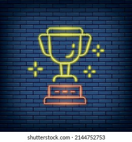 Vektorbecher, Trophäe, Neonzeichen. Vektorgrafik im Neonstil.