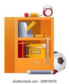 Vector cupboard with pencil, folder, paper, ruler, books, soccer ball, alarm clock and ruler icon