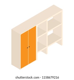 Vector cupboard with shelves and design illustration. isolated wooden cabinet with shelves on a white background. isometry