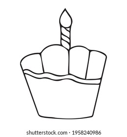 Vector cupcake with birthday candle in doodle style for decoration of children's cards.