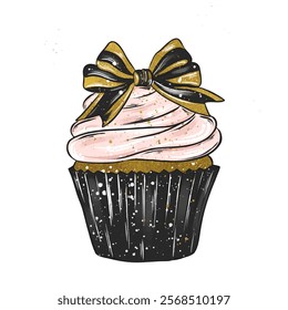 Vector cupcake in a black and pink color palette with golden elements. Birthday party, Valentine's Day decorative objects