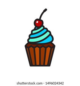 Vector cupcake with blue cream and cherry icon. Flat illustration of cupcake isolated on white background. Icon vector illustration sign symbol.