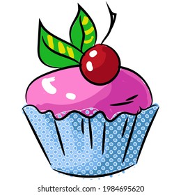 Vector cupcake with cherry berry, cream and mint icon