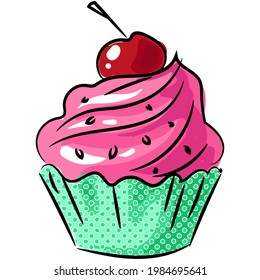Vector cupcake with cherry berry and pink icing icon