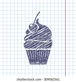 Vector cupcake with cherry icon isolated on copybook background. Eps10 