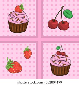 Vector cupcake with cherry and strawberry