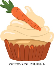 Vector cupcake with chocolate carrot and cream. Muffin for Easter on white background. Poster, bakery menu, postcard. Hand drawn illustration for celebration. 