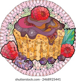 Vector cupcake with chocolate and raspberry for decoration