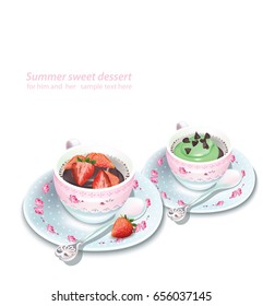 Vector Cupcake and chocolate strawberry mousse in a mug. Summer delicious desserts
