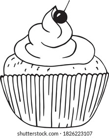 Vector cupcake with cream and cherry. Doodle graphics. Hand drawn