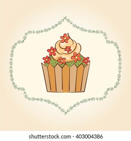 Vector cupcake with flowers and leaves. Ideal for posters, advertisements, announcements, labels, banner, menu for cafe and restaurants. Vector illustration