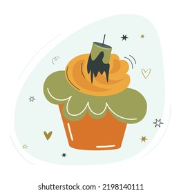 Vector cupcake with green cream and a candle. Cute smiling Halloween treat for kids. Funny autumn cartoon desert for all saints day. Samhain party icon for kids in flat style.