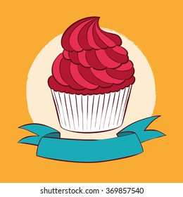 Vector cupcake hand-drawn. Cupcake card template ribbon design template. Cupcake ribbon. 