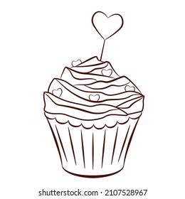 Vector de quequitos con el corazón en forma de contorno, tarjeta de día de San Valentín con pastel, libro de colorear para niños, ilustración del día de San Valentín