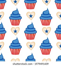 Vector cupcake and herts with stars seamless pattern of 4th of July. Transparent background