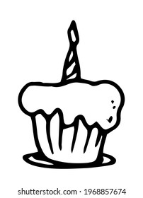 Vector cupcake with icing and a burning candle at the top hand-drawn in doodle style with a black line on a white background for a greeting card design template. birthday symbol Cartoon Beautiful 