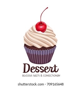Vector cupcake icon. Illustration dessert confectionery with cherry.