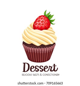 Vector cupcake icon. Illustration dessert confectionery with strawberry.