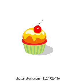 Vector cupcake illustration. Cake with cream and cherry.