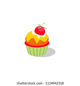 Vector cupcake illustration. Cake with cream and strawberry.
