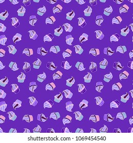 Vector cupcake illustration. Cute birthday pattern on violet, white, neutral, blue and pink. Vector illustration. Doodle cakes with cream. Hand drawn cupcakes.