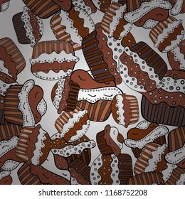 Vector cupcake illustration. Cute birthday pattern on brown, white and black. Doodle cakes with cream. Hand drawn cupcakes. Vector illustration.