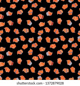 Vector cupcake illustration. Cute birthday pattern on orange, black and white. Doodle cakes with cream. Vector illustration. Hand drawn cupcakes.