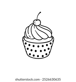 Vector cupcake illustration. Cute cupcake with cherry doodle