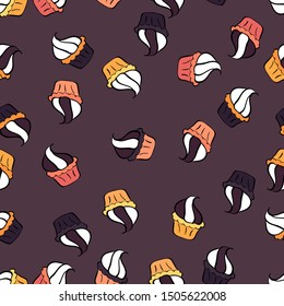 Vector cupcake illustration. Vector illustration. Doodle cakes with cream. Cute birthday pattern on purple, white and black. Hand drawn cupcakes.