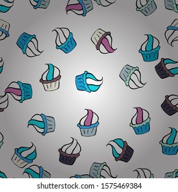 Vector cupcake illustration. Vector illustration. Doodle cakes with cream. Hand drawn cupcakes. Cute birthday pattern on blue, black and white.