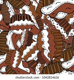 Vector cupcake illustration. Hand drawn cupcakes. Cute birthday pattern on brown, white and black. Doodle cakes with cream. Vector illustration.