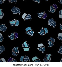 Vector cupcake illustration. Hand drawn cupcakes. Cute birthday pattern on black, blue and white. Doodle cakes with cream. Vector illustration.