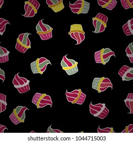 Vector cupcake illustration. Hand drawn cupcakes. Cute birthday pattern on black, red and white. Doodle cakes with cream. Vector illustration.