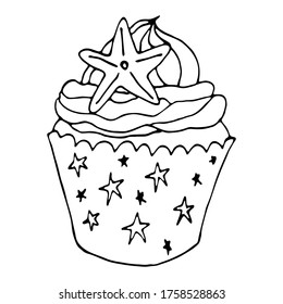 Vector cupcake illustration in nautical style with starfish. Hand drawing food doodle on white background. Line art for bakery logo, wedding invitation, print design.