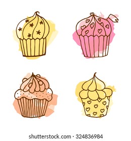 Vector cupcake illustration. Set of 4 hand drawn cupcakes with colorful splashes. Cakes with cream and berries. 