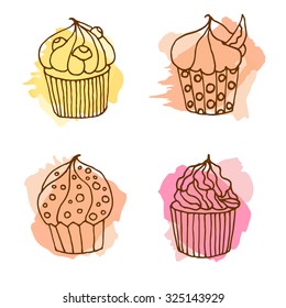 Vector cupcake illustration. Set of 4 hand drawn cupcakes with colorful splashes. Cakes with cream and berries. 