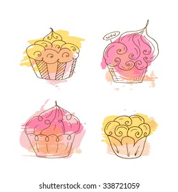 Vector cupcake illustration. Set of 4 hand drawn cupcakes with colorful splashes. Cakes with cream and berries.