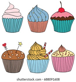 Vector Cupcake Illustration. Set Of Hand Drawn Cupcakes. Doodle Cakes With Cream And Berries.