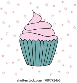 Vector cupcake illustration. Set of hand drawn cupcakes. Doodle cakes with cream and berries.