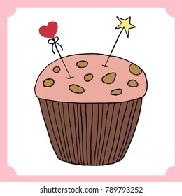 Vector cupcake illustration. Set of hand drawn cupcakes. Doodle cakes with cream and berries.