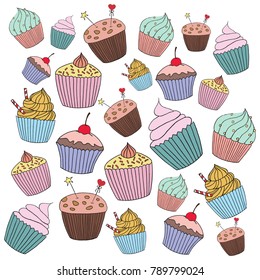 Vector cupcake illustration. Set of hand drawn cupcakes. Doodle cakes with cream and berries.