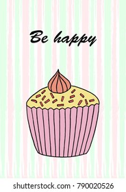 Vector cupcake illustration. Set of hand drawn cupcakes. Doodle cakes with cream and berries.