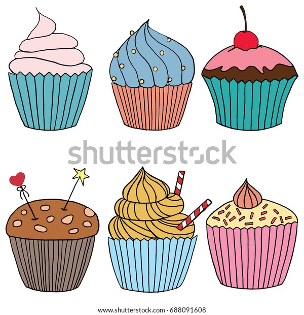ベクターカップケーキのイラスト 手描きのカップケーキのセット クリームとベリーを入れた落書きケーキ のベクター画像素材 ロイヤリティフリー 688091608