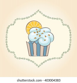 Vector cupcake look like cloud with orange slice sun. Ideal for posters, advertisements, announcements, labels, banner, menu for cafe and restaurants. Vector illustration