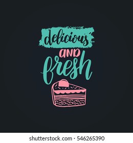 Vector Cupcake With Love lettering  logo, badge. Calligraphy with cookie Illustration on black background for prints, cards, posters, products packaging, branding.