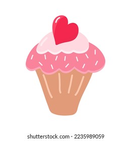 Vector cupcake. Love sweet cupcake isolated on white. Valentines day, weddind, bithday element, cartoon flat cake