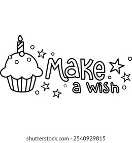 a vector of a cupcake and a make a wish text vector in black and white coloring