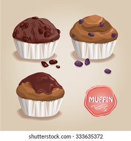 vector .cupcake, muffins , with raisins and chocolate